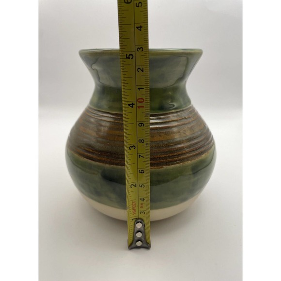 Studio Art Pottery Vase Hand Painted in Green with Textured Brown Stripes - Picture 10 of 11